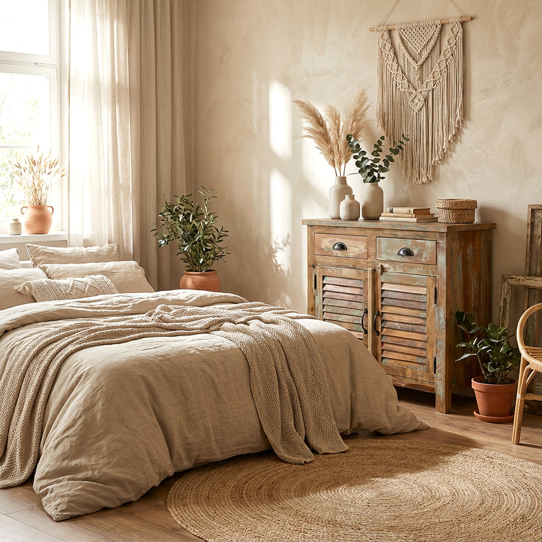 Highboard gjord av massivt trä i sovrummet, boho-stil, naturliga textilier, varmt ljus