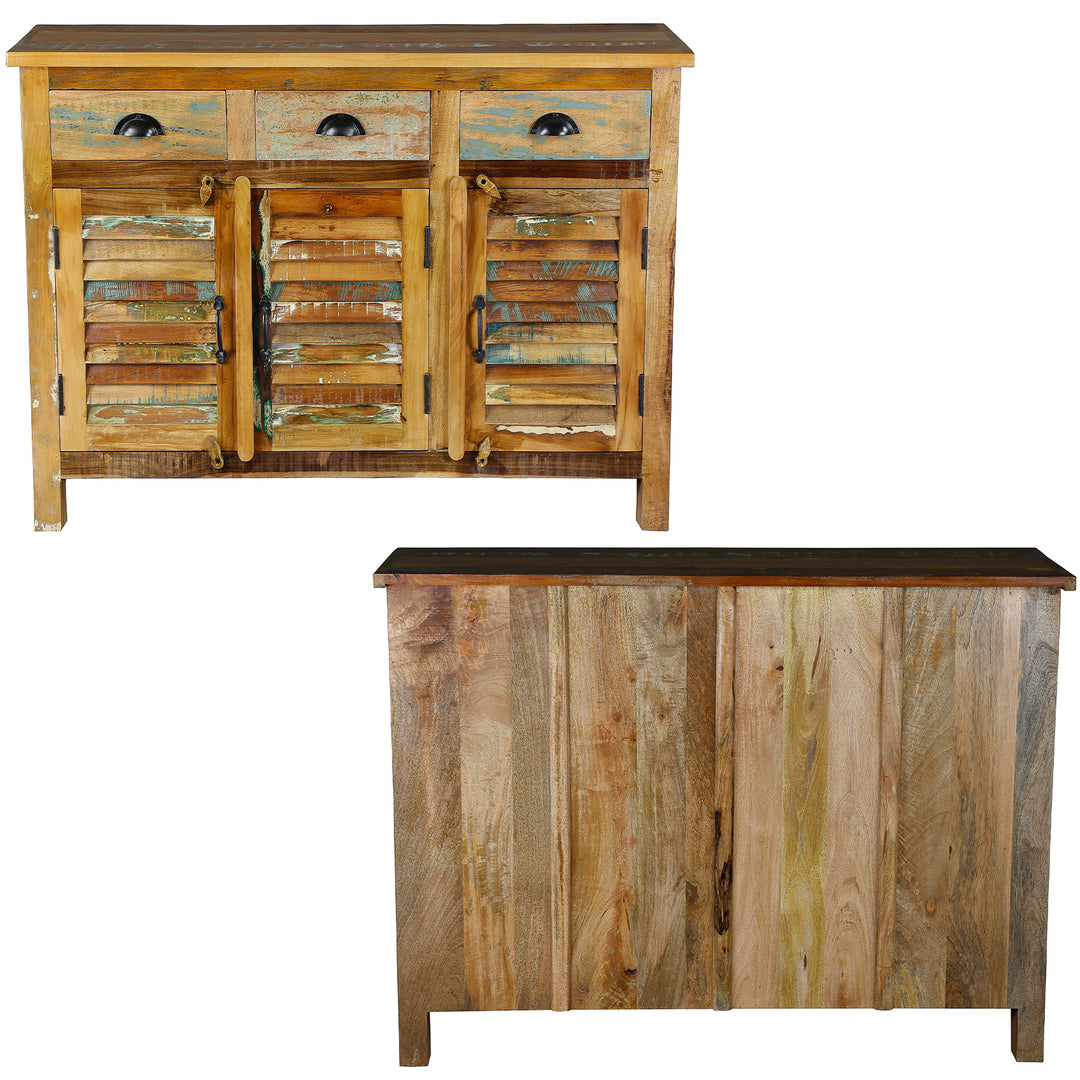 Highboard av gammalt trä med lådor av massivt trä i vintagestil, framifrån och bakifrån