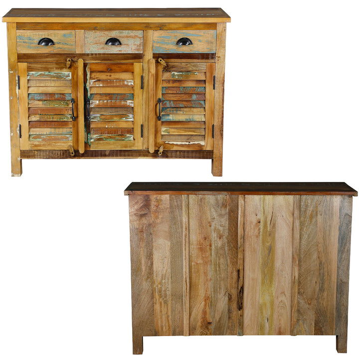 Highboard av gammalt trä med lådor av massivt trä i vintagestil, framifrån och bakifrån