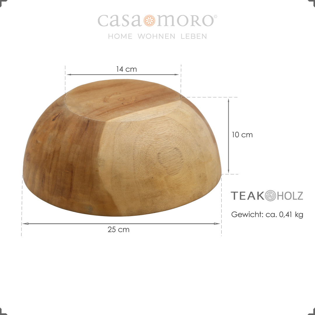 Skål i teak med mått – Ø 25 cm, höjd 10 cm, vikt ca. 0,41 kg
