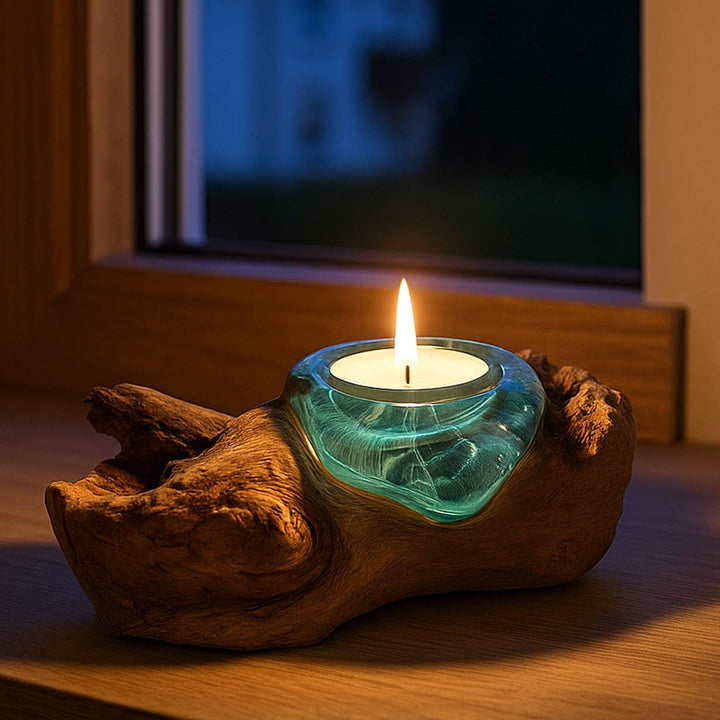 BALI värmeljushållare av glas och rotträ