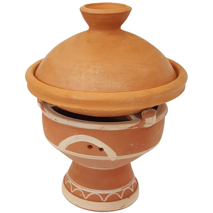 Tagine på marockansk lervärmare, mejmar för kol som bordsgrill för Tagine i marockansk stil