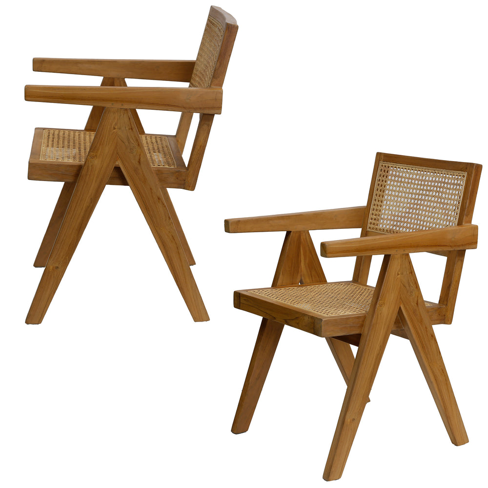 Två fåtöljer med wiensk väv av teak, sidovy med tydliga linjer och armstöd