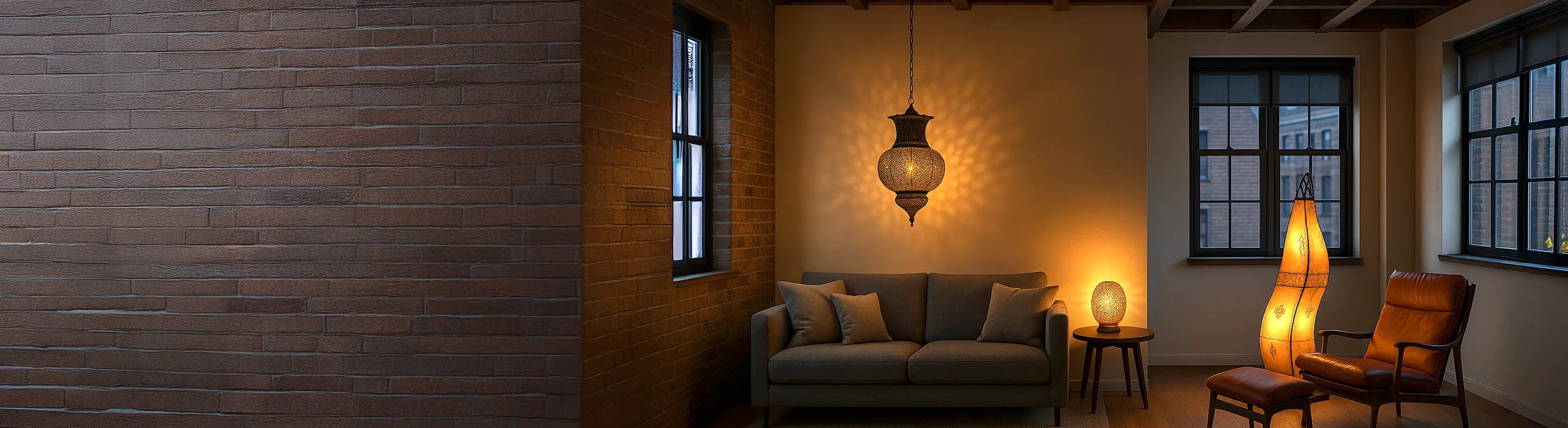 Lampor och lampor – Vardagsrum med orientalisk hänglampa, bordslampa och golvlampa - stämningsfull belysning bredvid soffan och fåtöljen