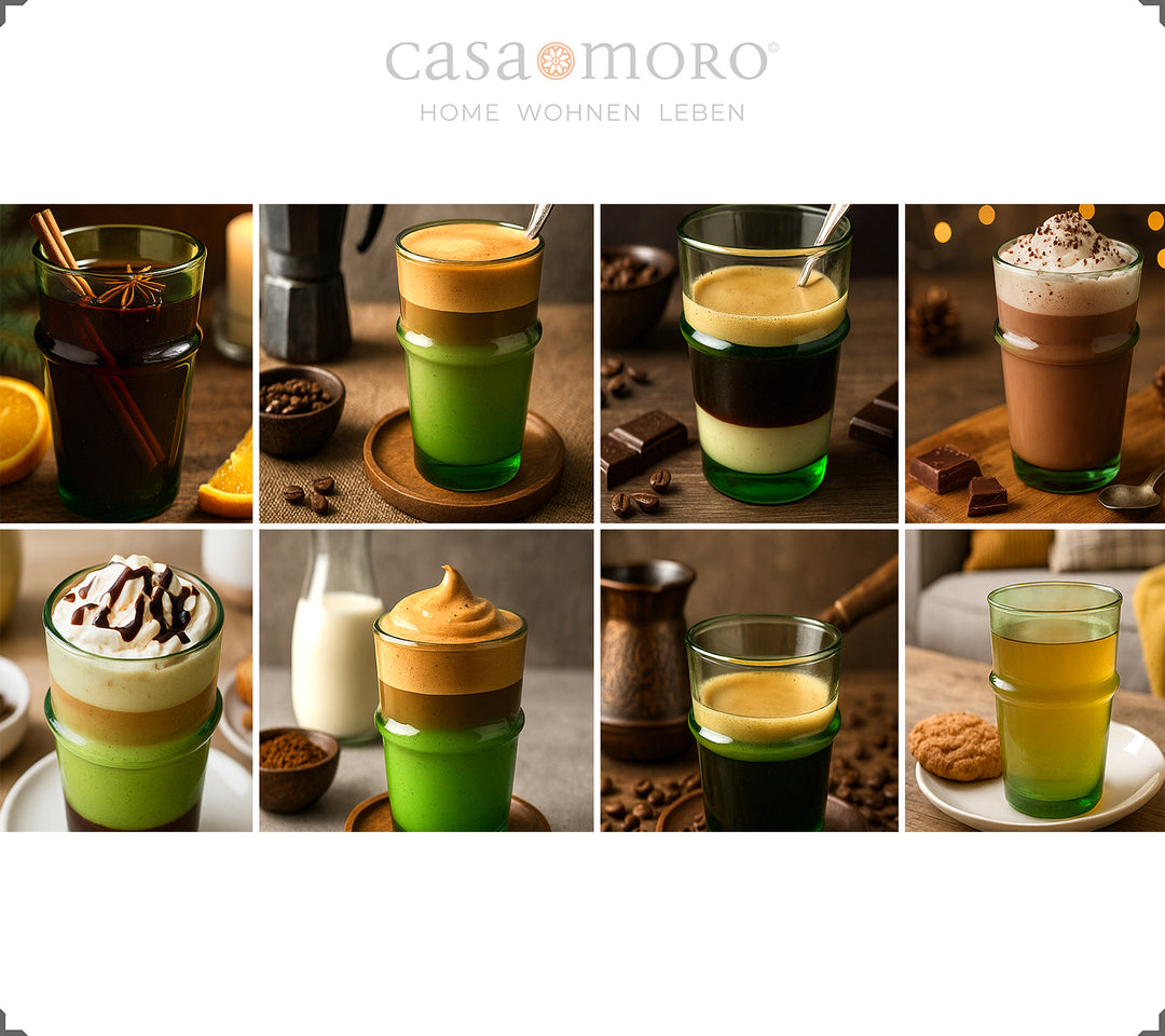 Latte Macchiato-glas i grönt - 4 munblåsta glas av gammalt glas