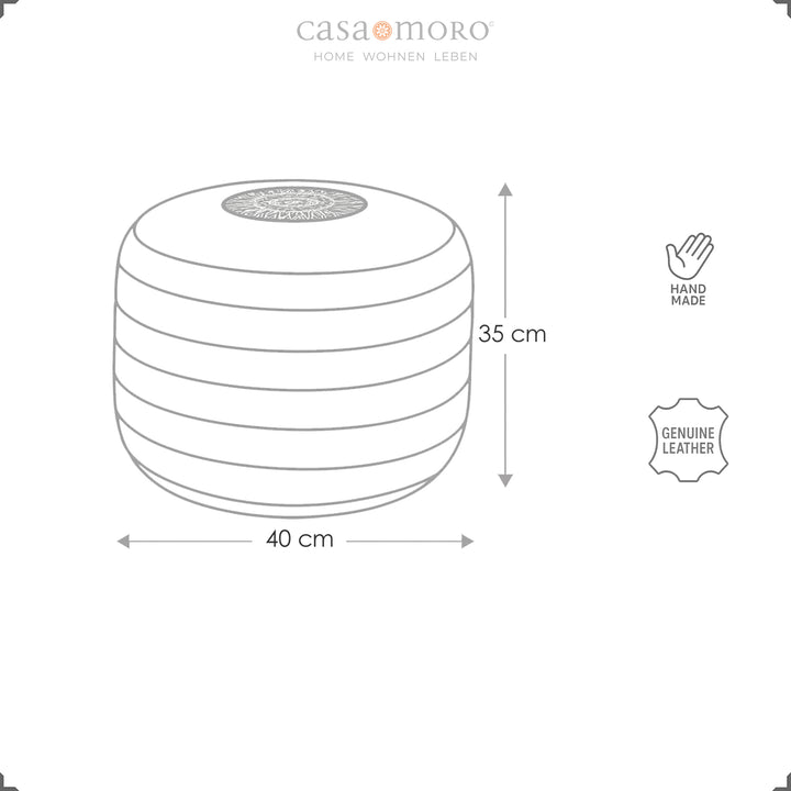 Skiss av den runda läderpuffen med mått Ø 40 cm och höjd 35 cm samt ikoner för hantverk och äkta läder - Casa Moro Design.