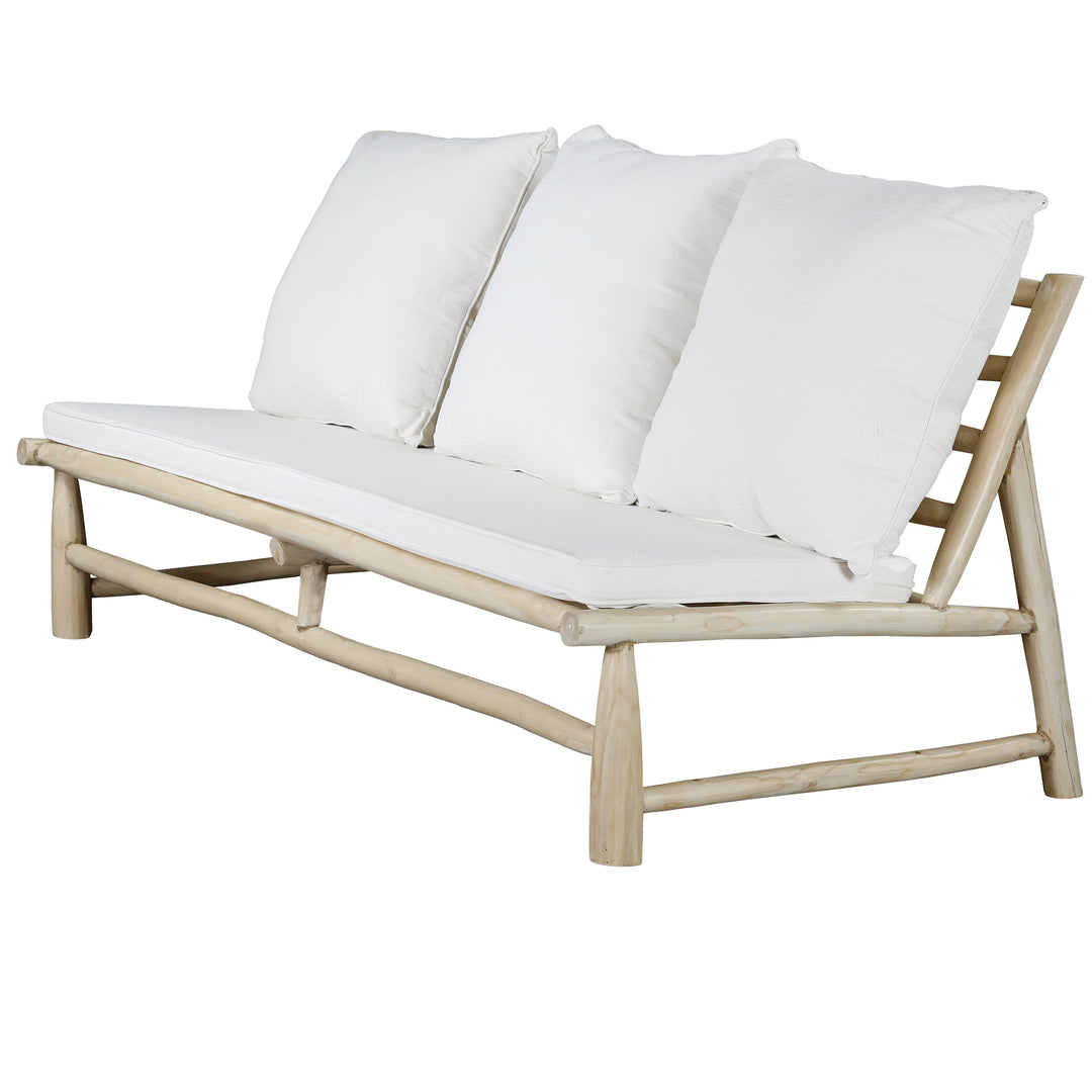 3-sits loungesoffa av naturlig teak med krämfärgade kuddar