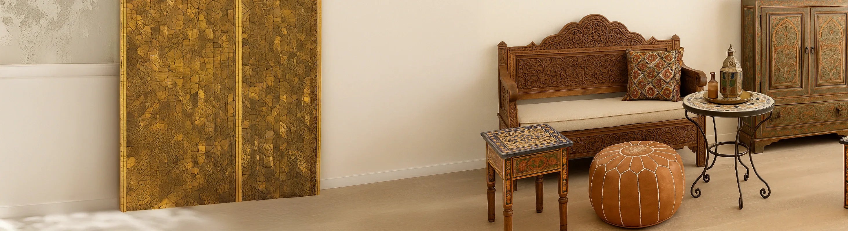 Marockanska möbler – Ett stilfullt inrett vardagsrum med handgjorda marockanska möbler av trä, mosaik och metall i orientalisk design.