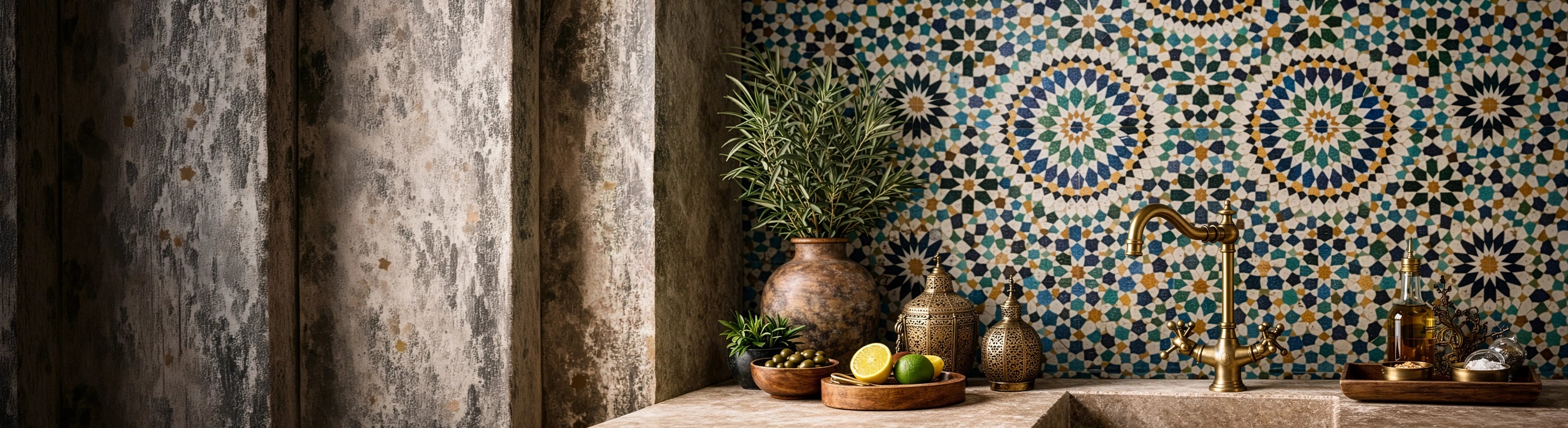 Cellulära plattor – Marockanska zellige kakel med traditionellt geometriskt mönster som väggdesign i ett orientaliskt inspirerat kök