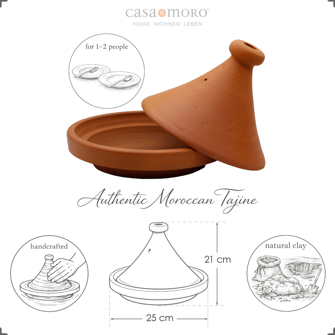 Tajine från Marocko 25 cm för 1-2 personer, handgjord och naturlig gjord av lera