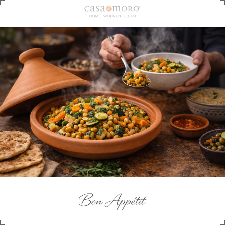 Oglaserad tajine från Marocko 30 cm med vegetariskt recept och aromatisk krydda