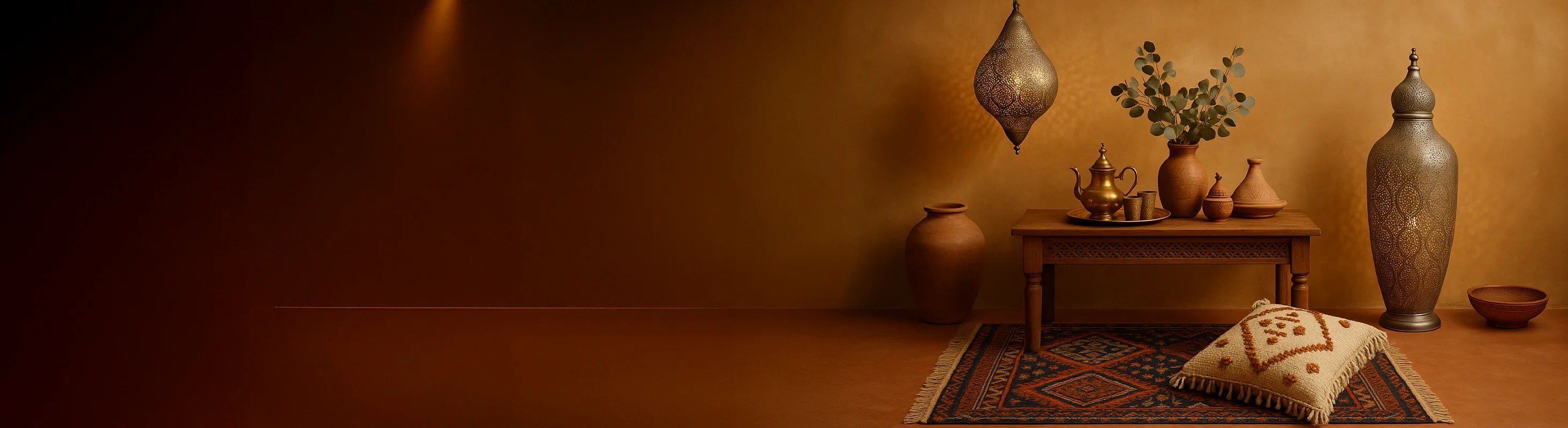 Marocko – Marockanskt dekorativt arrangemang med orientaliska hängande lampor, terrakottakärl, snidade ornament, tagine och mässingsbricka.