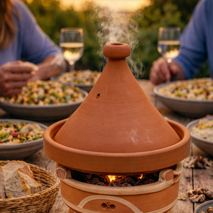 Mejmar lervärmare för kol, marockansk bordsgrill med tagine och öppen glöd när man äter tillsammans