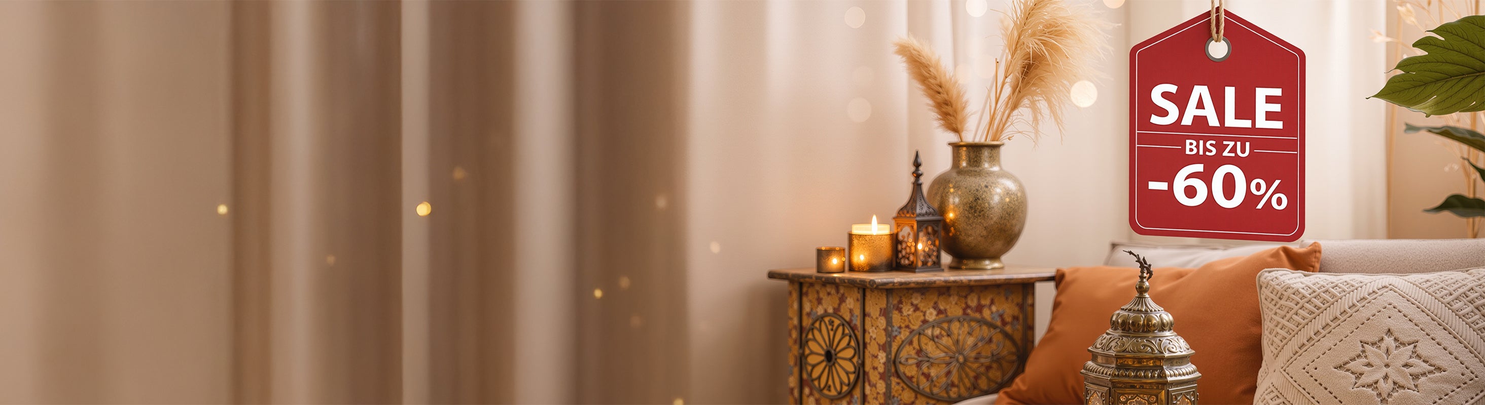 % försäljning – Boho living scen med orientaliska möbler, varm belysning och reameddelande upp till 60 % rabatt