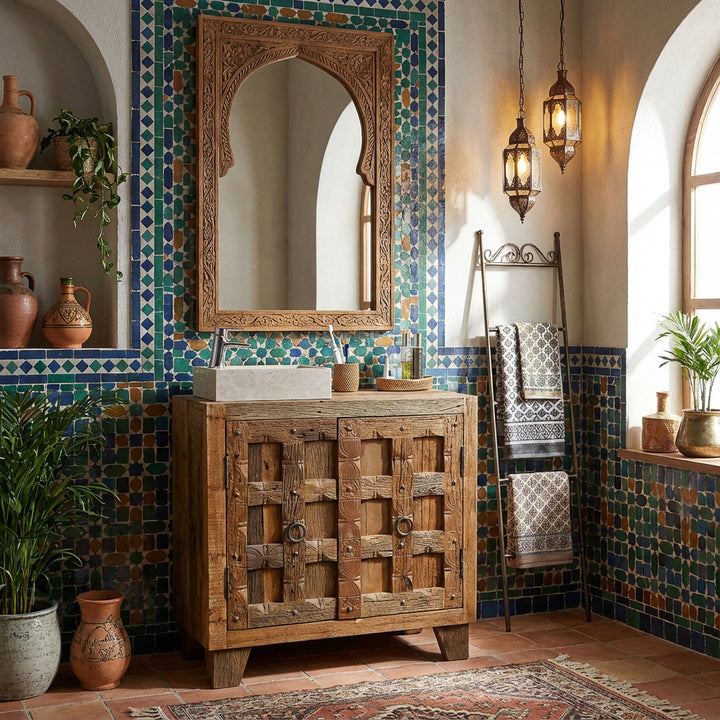 Fyrkantigt tvättställ av ljus natursten på ett underskåp i trä i ett orientaliskt badrum med mosaikplattor
