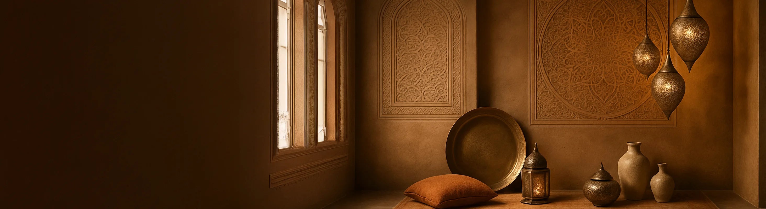 Orientera – Orientalisk scen med varma jordtoner, känsliga metalllampor, snidade ornament, orientaliska vaser och dekorativa tillbehör