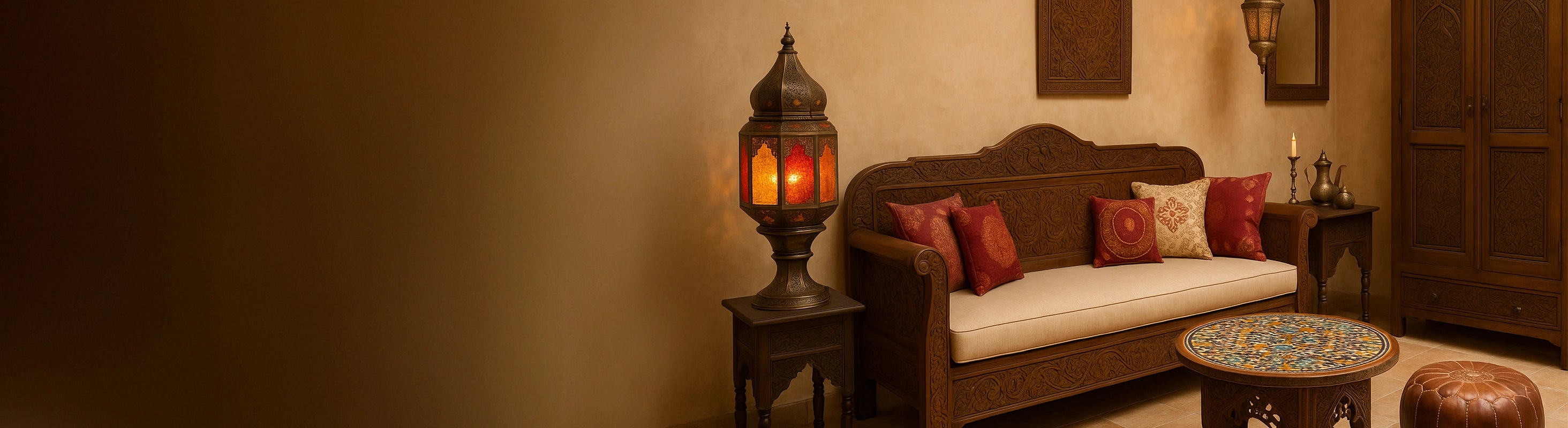 Orientaliska möbler – Vardagsrum med orientaliska möbler: handsnidad soffa, bord, marockanska lyktor och läderpuff i en varm, naturlig atmosfär
