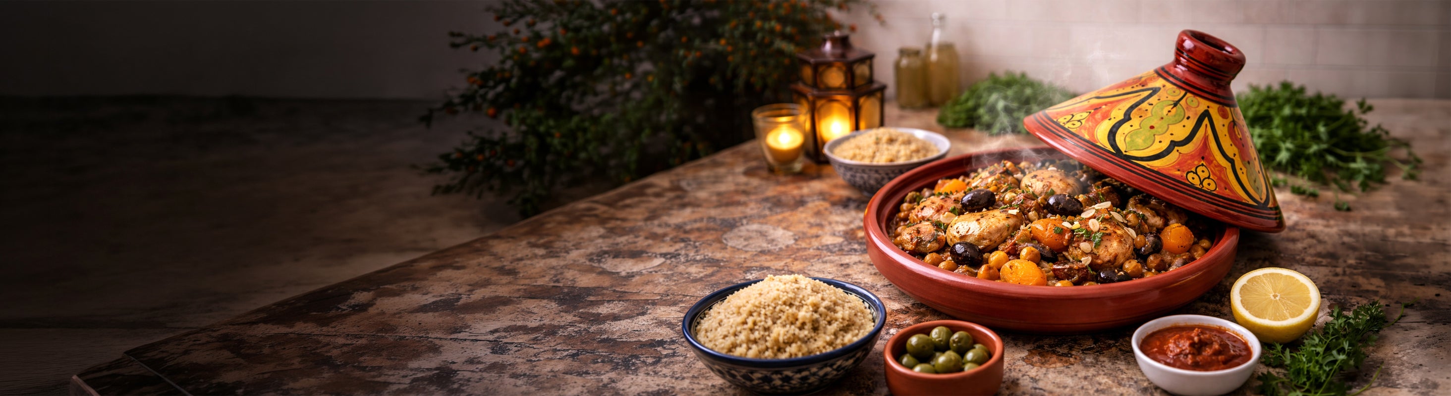 Tagine – Marockansk tagine som en traditionell lergryta med målat lock, fylld med kyckling, grönsaker och oliver.
