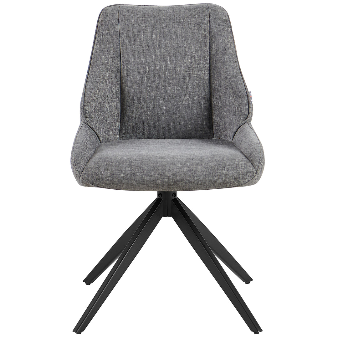 Framifrån av en 360° roterande matsalsstol i grått med stoppad sits, ergonomiskt ryggstöd och svart metallram