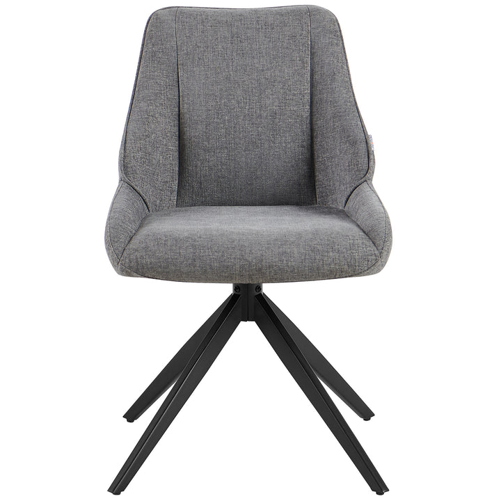 Framifrån av en 360° roterande matsalsstol i grått med stoppad sits, ergonomiskt ryggstöd och svart metallram