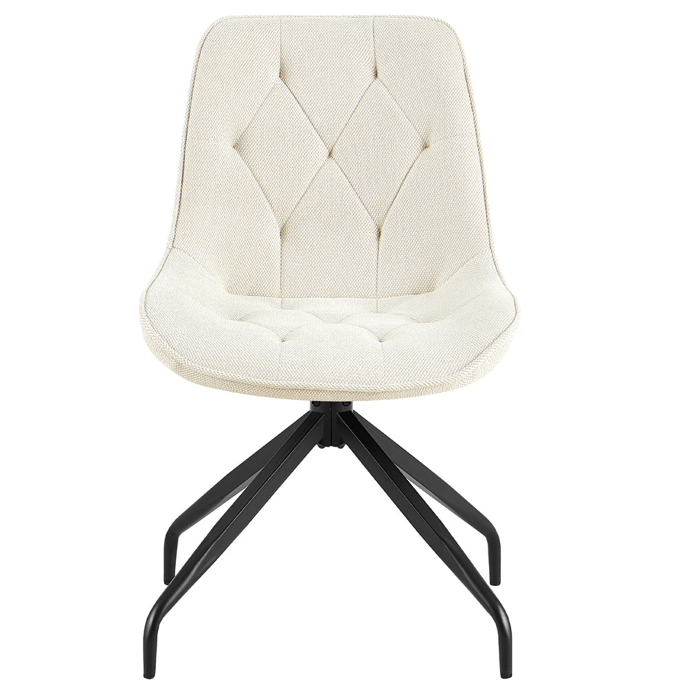 Framifrån av den stoppade stolen som kan roteras 360° i beige med en svart metallram - elegant matsalsstol med diamantquiltning och ergonomisk sitsform