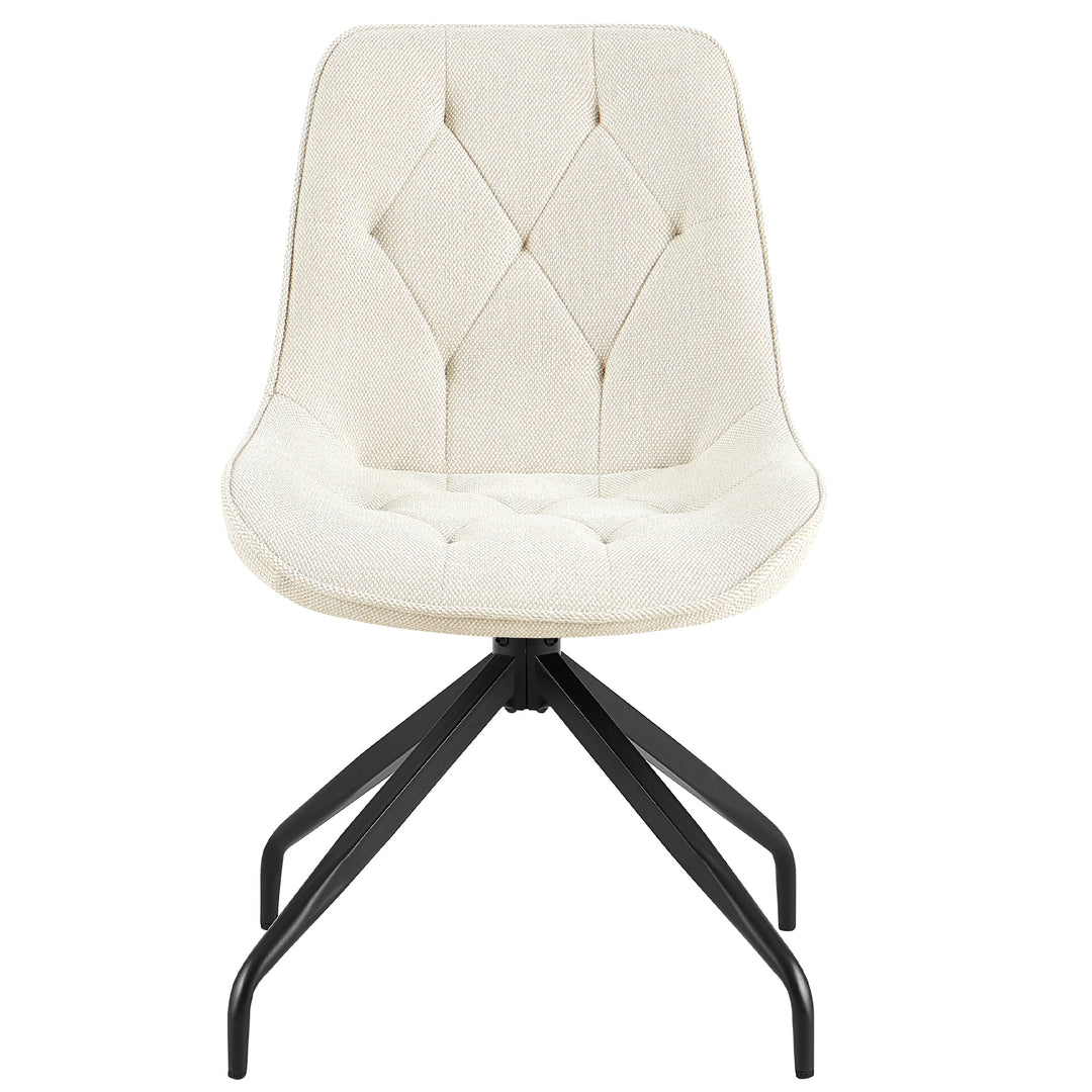 Framifrån av den stoppade stolen som kan roteras 360° i beige med en svart metallram - elegant matsalsstol med diamantquiltning och ergonomisk sitsform
