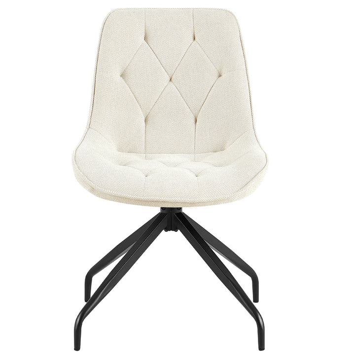 Framifrån av den stoppade stolen som kan roteras 360° i beige med en svart metallram - elegant matsalsstol med diamantquiltning och ergonomisk sitsform