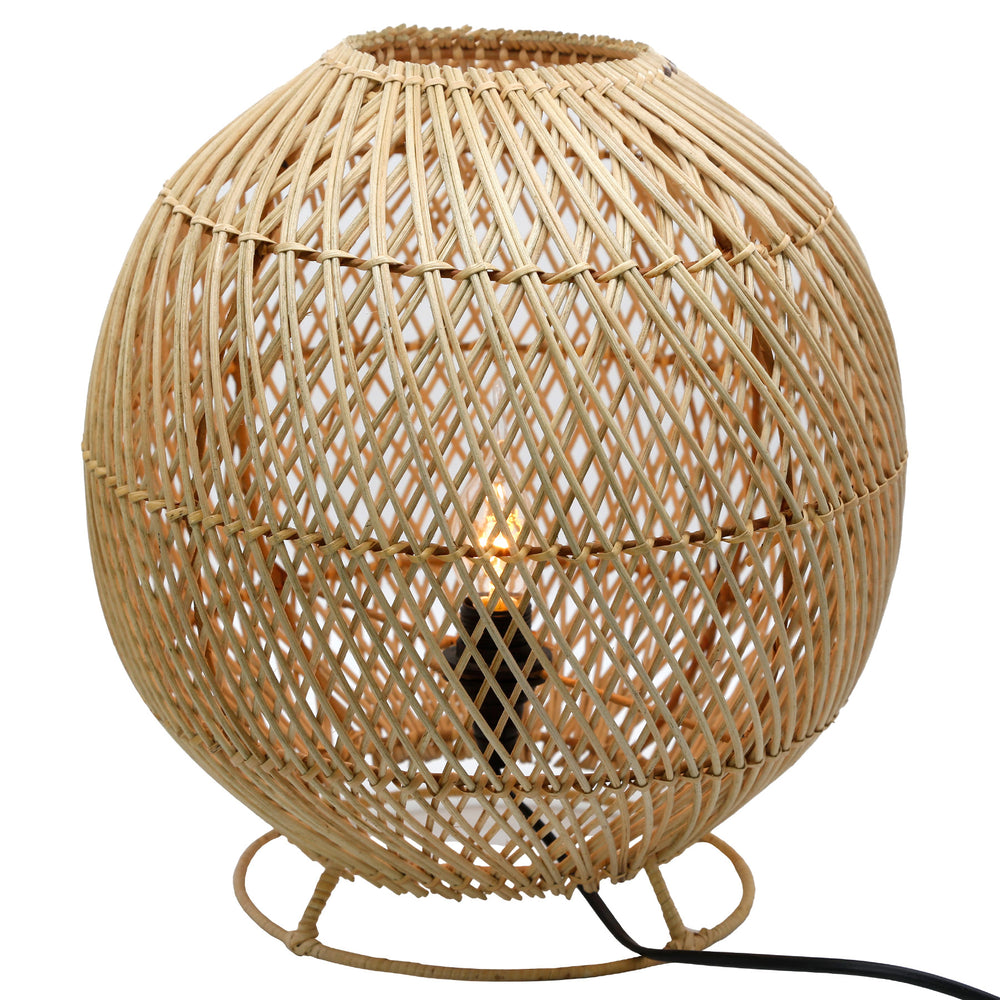 Rund bordslampa av naturrotting med fint vävt mönster och synlig glödlampa