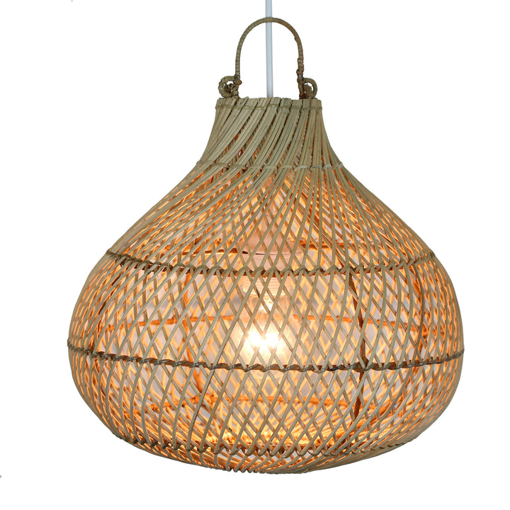 Naturlig rottinglampa i form av en droppe med ett fint vävt mönster och ett mjukt sken