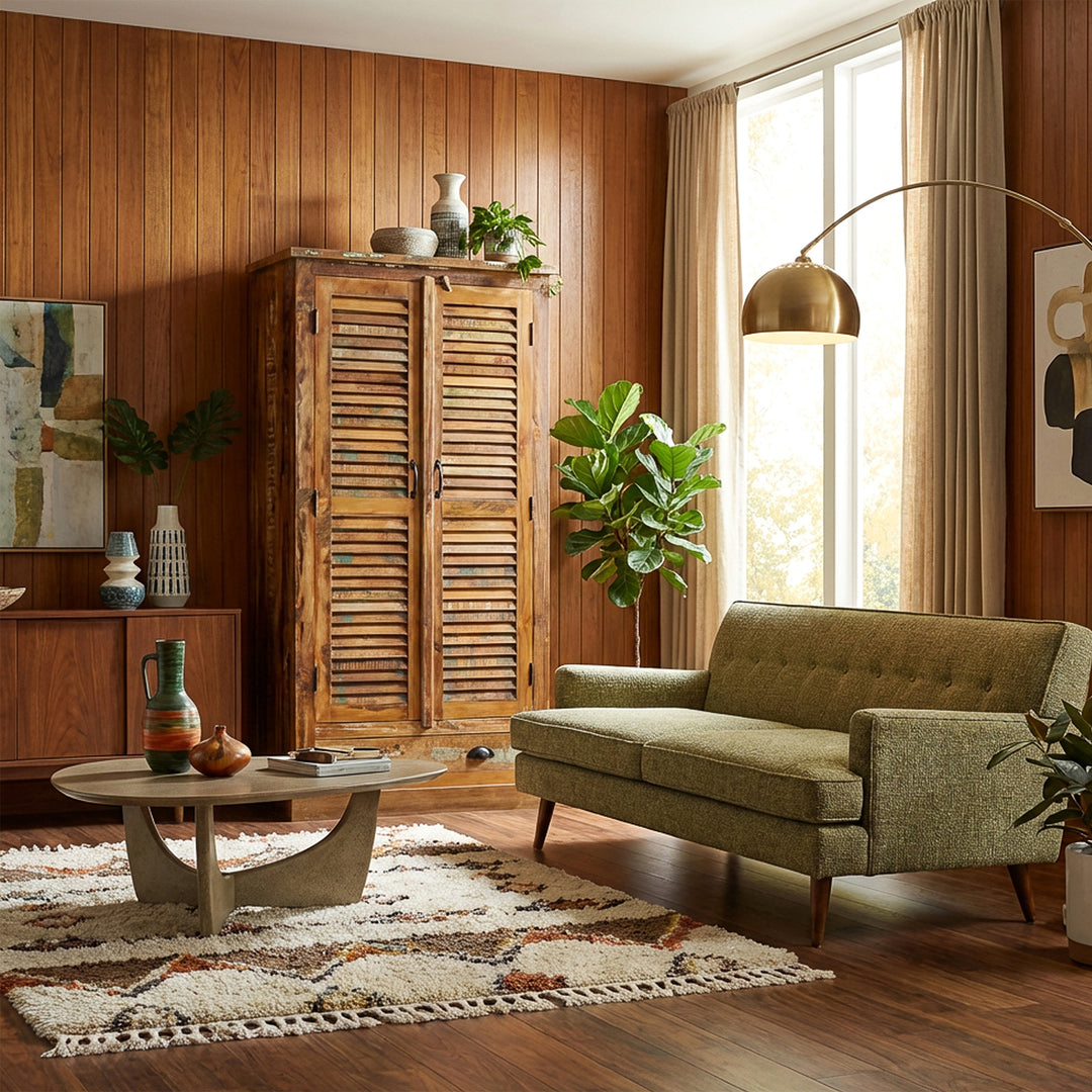Skåp i massivt trä och återvunnet trä i vintagestil placerat i ett retro vardagsrum