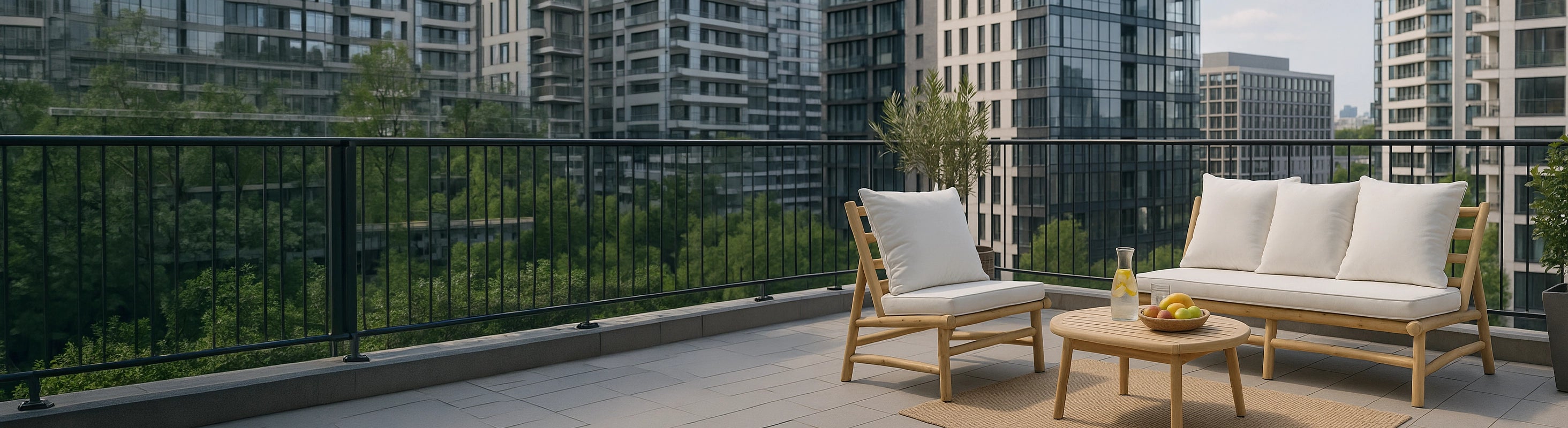 Fåtöljer och soffor – Teakfåtölj och soffa med klädsel på modern balkong med stadsutsikt - bekväma loungemöbler för utomhusbruk