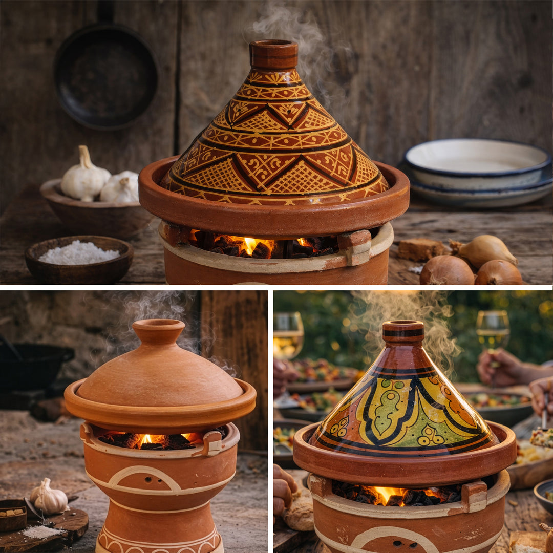 Tajine på mejmar lervärmare för kol, marockansk bordsgrill med taginevarianter i marockansk stil