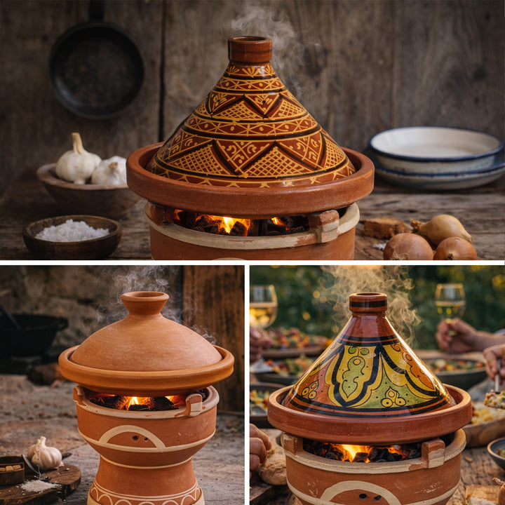 Tajine på mejmar lervärmare för kol, marockansk bordsgrill med taginevarianter i marockansk stil