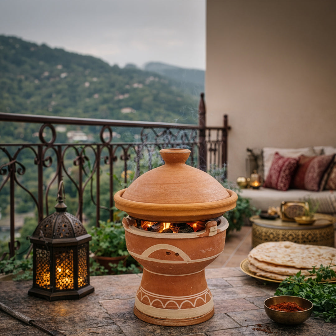 Mejmar lervärmare för kol, marockansk bordsgrill för tagine på terrassen i marockansk stil