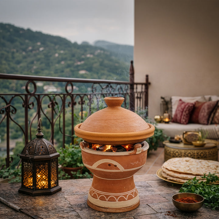 Mejmar lervärmare för kol, marockansk bordsgrill för tagine på terrassen i marockansk stil