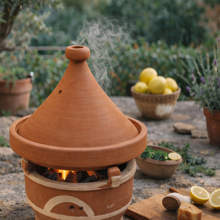 Mejmar lervärmare för kol, marockansk tagine bordsgrill med öppen glöd på uteplatsen