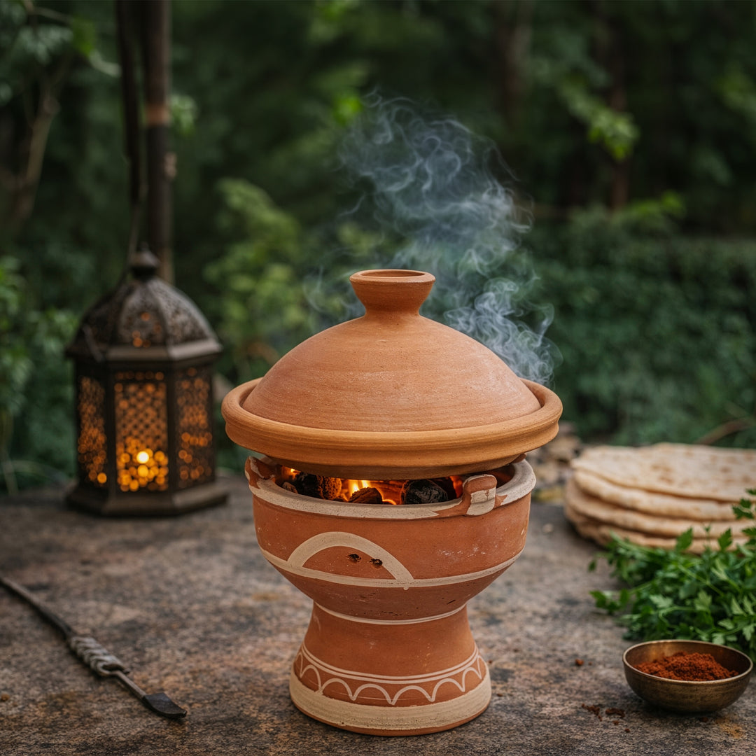 Mejmar lervärmare för kol, marockansk tagine bordsgrill med öppen glöd i trädgården