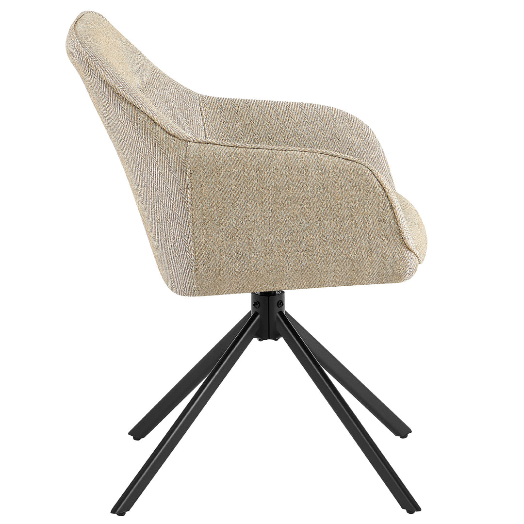 Sidovy av en 360° roterande stoppad stol med armstöd i beige, stoppat strukturtyg och en robust svart metallram