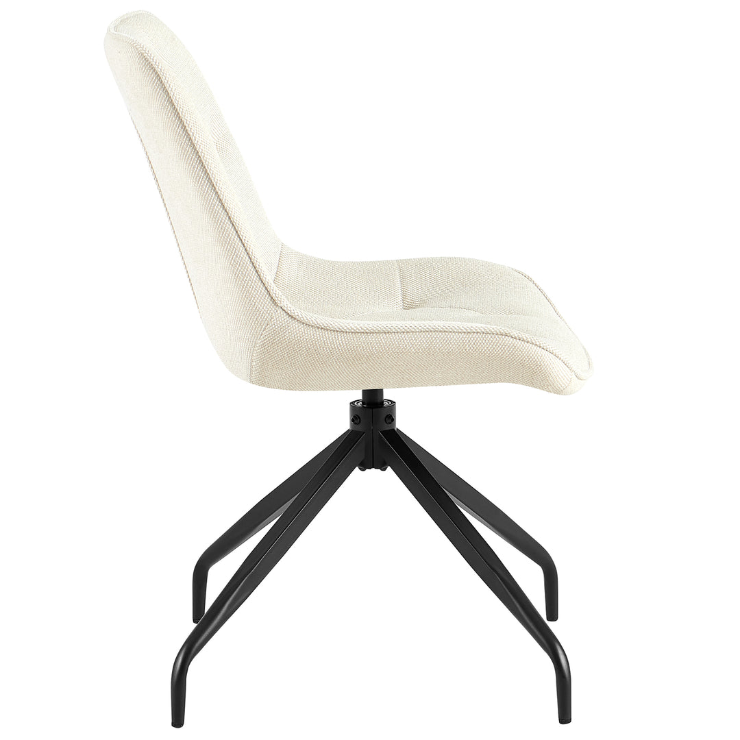 Sidovy av den stoppade stolen som kan roteras 360° i beige med svart metallram - ergonomisk form med mjuk stoppning och eleganta linjer