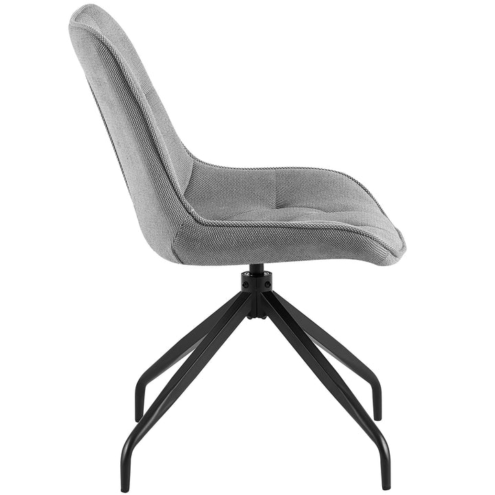 Sidovy av den grå matstolen med 360° vridfunktion och svart metallram - ergonomisk form med mjuk stoppning