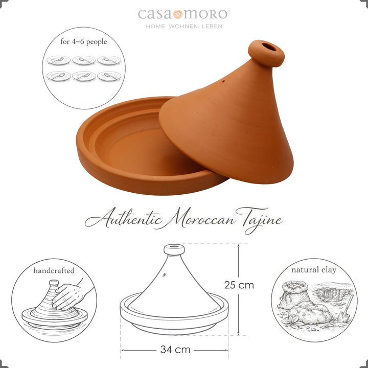 Tajine från Marocko 34 cm för 4-6 personer, handgjord och naturlig