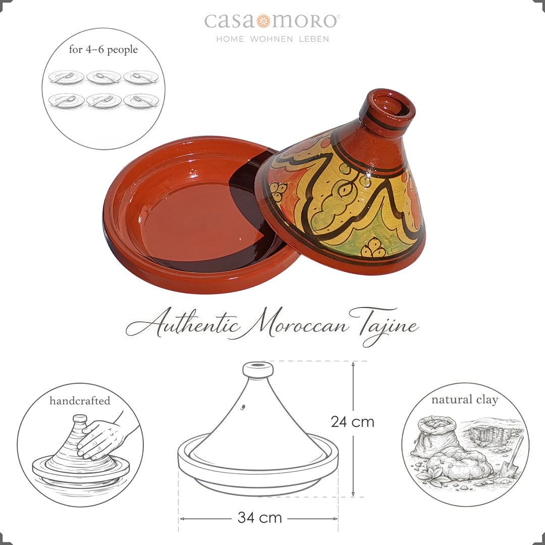 Lertagine 34 cm för 4-6 personer, glaserad, marockanskt målad gryta med måtten 24 cm hög