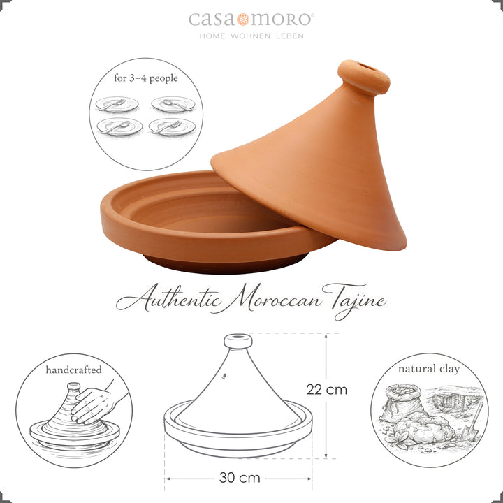 Tajine utan glasyr 30 cm från Marocko, för 3-4 personer, handgjord och naturlig