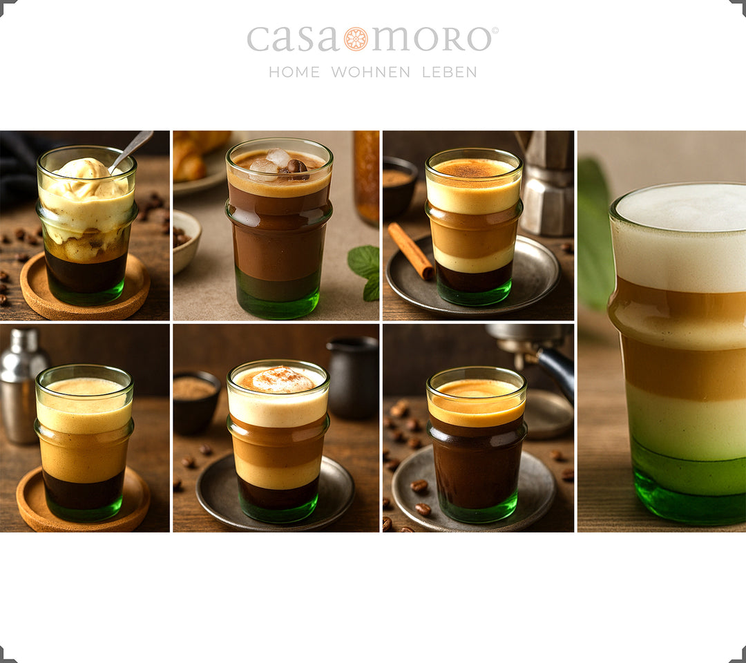 Glas fyllda med kaffekreationer - från macchiato till dalgona, serveras i gröna glas