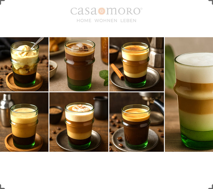 Glas fyllda med kaffekreationer - från macchiato till dalgona, serveras i gröna glas