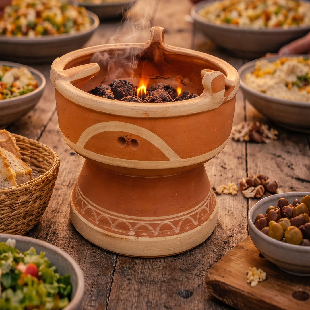 Mejmar lervärmare för kol, marockansk bordsgrill med öppen glöd utan tagine