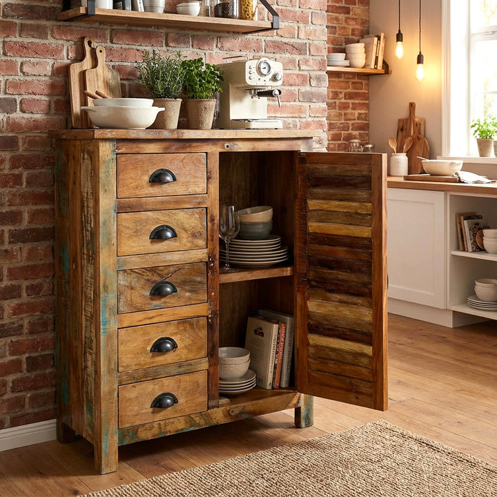 Massivt trä highboard i köket, öppnad dörr, fat i interiören, varm vintage hemscen