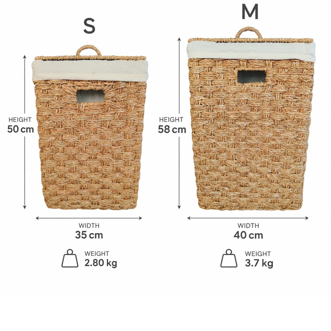 Mått på de fyrkantiga sjögräskorgarna: S 35 × 35 × 50 cm, 2,8 kg, ca 55 liter; M 40 × 40 × 58 cm, 3,7 kg, ca 85 liter.