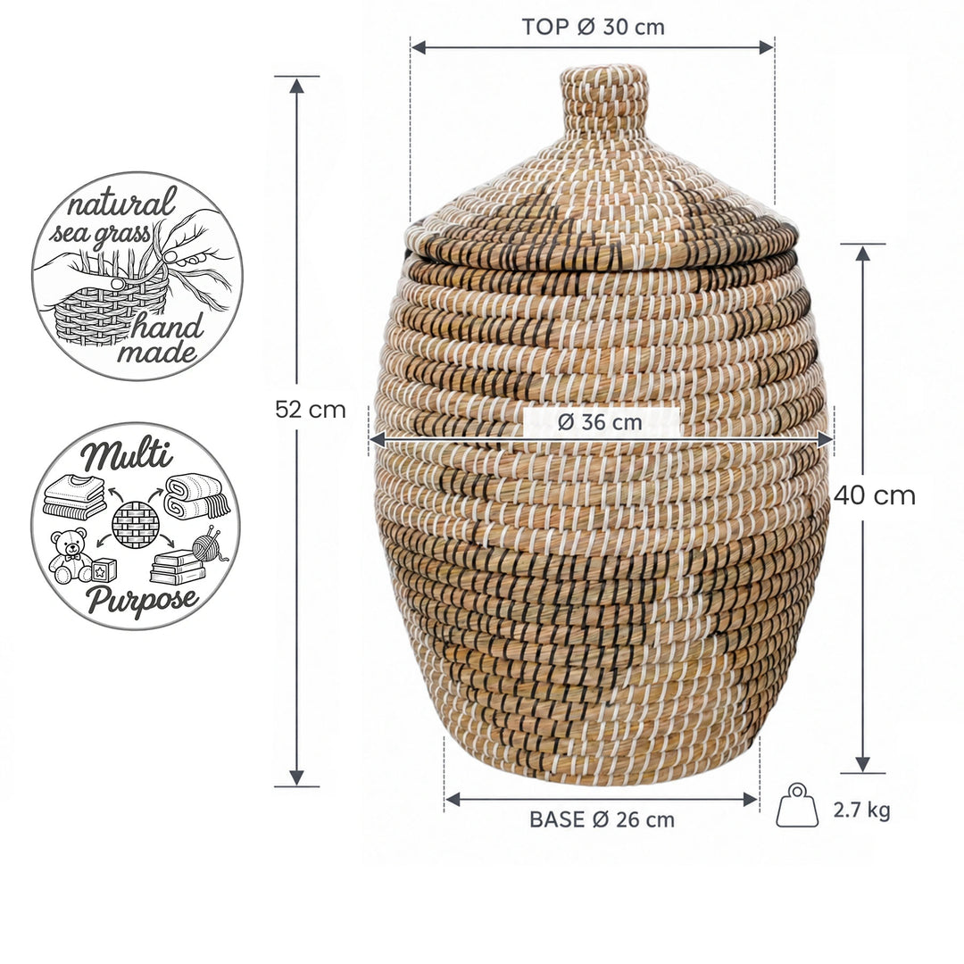 Måttskiss: Sjögräskorg i naturfärg/brun/svart/vit, ca 30 liter, max. Ø 36 cm och 52 cm hög med lock.