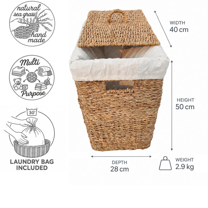 Tvättkorg av sjögräs med en volym på 50 liter: 40 cm bred, 28 cm djup, 50 cm hög, 2,9 kg; med lock och tvättsäck.